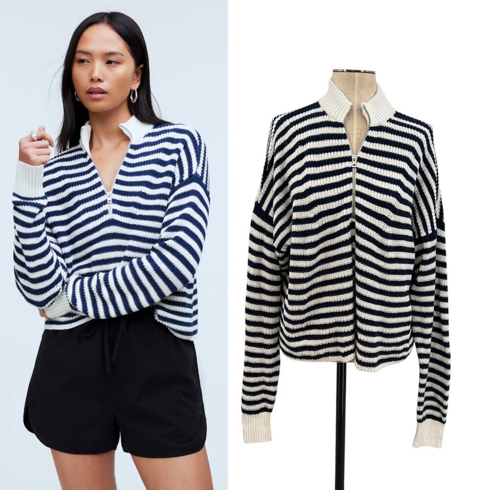 Madewell Ribbed Half-Zip Sweater‎ in Stripe Ivory White Navy Blue Size XXL